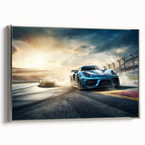 Framed canvas featuring a vintage race car in black and colorful art, ideal for a themed playroom or office.