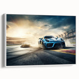 Vintage poster art of colorful race cars on a black background, framed canvas, ideal for living room decor.