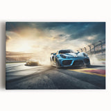 Black and white photo of race cars on canvas, suitable for large kitchen wall art.