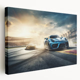 Side view of race cars in motion, depicted in vibrant red and blue on stretched canvas, suitable for kitchen wall art.