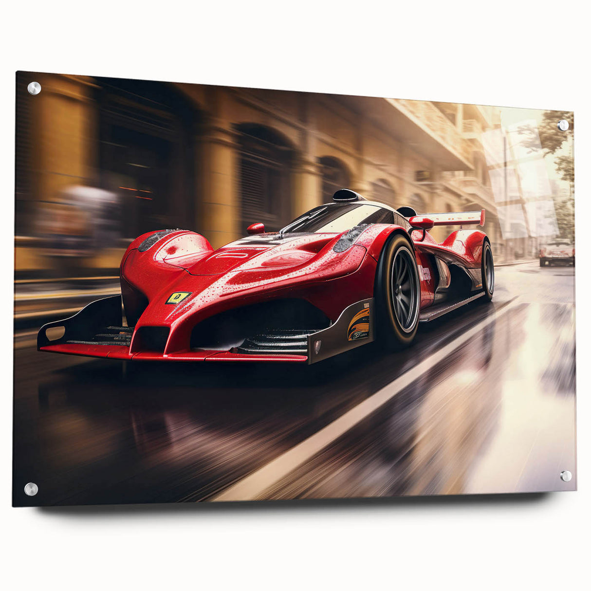 Acrylic print of race cars in motion, using a palette of vivid reds and blues, suited for bedroom or dining room decor.