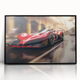 Large abstract wall art featuring a dynamic race car scene in bold black and red, acrylic print framed in black.