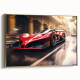 Vintage poster art of classic race cars in black and gold, framed canvas, suitable as wall art for bedroom.