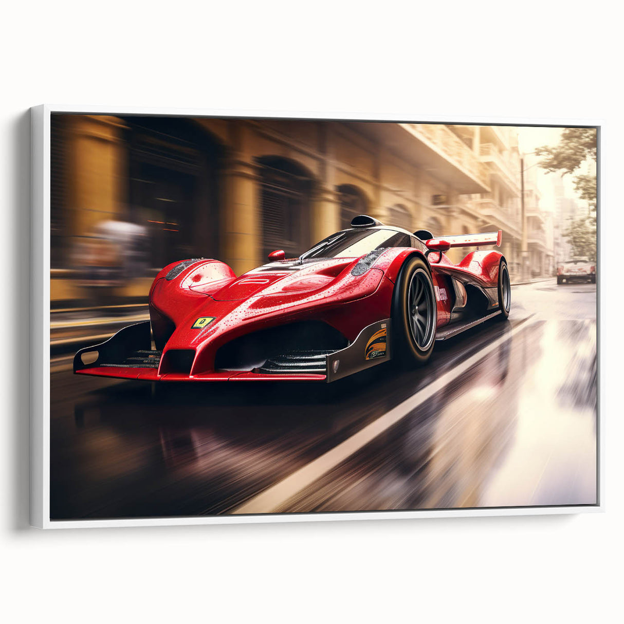 Vintage poster art of race cars in colorful detail on a large framed canvas, ideal for living room decor.