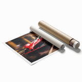 Extra large wall art featuring a race car scene in vibrant colors on a rolled canvas, suitable for a classy bathroom.