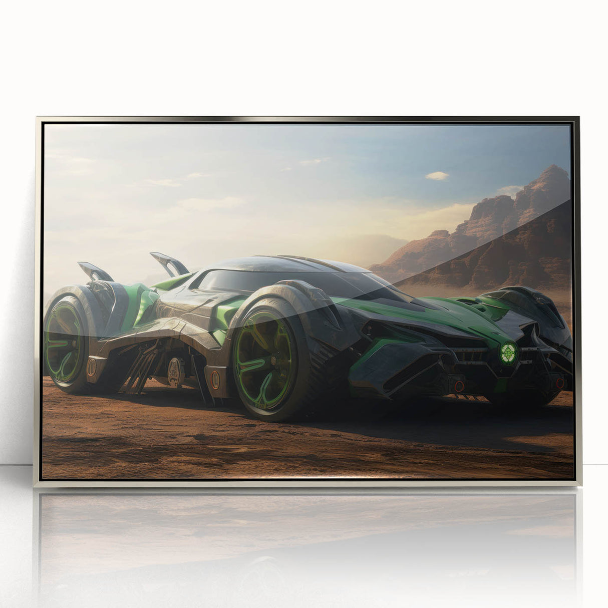 Mid-century modernist art depicting race cars in vibrant colors, framed in silver acrylic, suitable for nursery wall decor.
