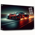 Acrylic print of race cars in motion, featuring vivid red and blue tones.