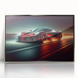 Mid-century modernist art depicting race cars in motion, using a palette of vibrant primary colors, framed in silver acrylic.