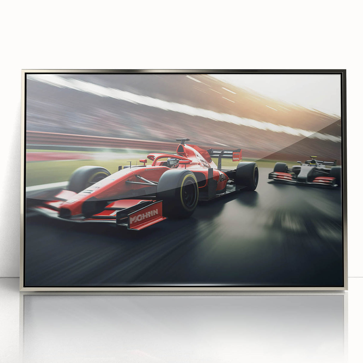 Mid-century modernist style race cars in vibrant primary colors on a silver-framed acrylic print, ideal for nursery wall art.