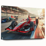 Acrylic print of race cars in motion, rendered in vibrant red and blue, ideal for bedroom or dining room decor.