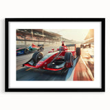 Extra large abstract art print of colorful race cars, in textured style on a black framed canvas.
