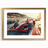 Extra large abstract art print featuring race cars in vibrant, dynamic colors on a gold-framed canvas.