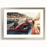 Abstract art print of race cars in motion, using textured grays and silvers on a framed canvas, suitable for bedroom art.