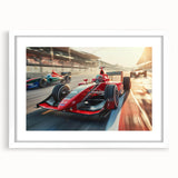 Abstract art print of race cars in motion, using blurred lines and vibrant colors on a white framed canvas.