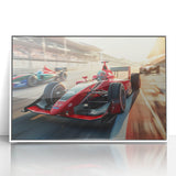 Art deco poster of race cars in vibrant primary colors, acrylic print in white frame, suitable for modern nursery wall decor.