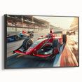 Black and white vintage poster art of race cars in motion on a framed canvas, ideal for bedroom wall decor.