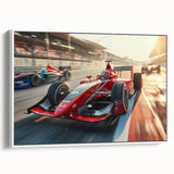 Framed canvas vintage poster art of colorful race cars in motion, ideal for extra large living room wall decor.