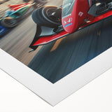 Art deco style poster of vintage race cars in muted earth tones, printed on rolled canvas, suitable for dining room decor.