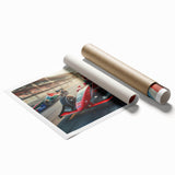 Extra large rolled print featuring a dynamic race car scene in vivid colors, suitable for large living room wall art.