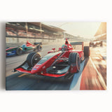 Black and white print of race cars in motion on a large stretched canvas, suitable for kitchen wall art.