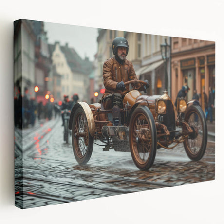 Dynamic race car scene in bold primary colors on stretched canvas, suitable for kitchen wall art.