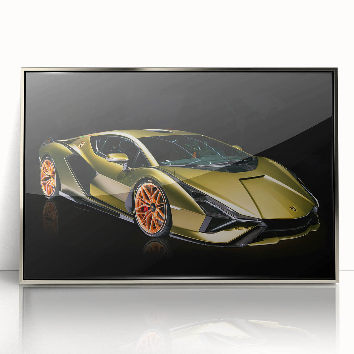 Mid-century modernist art featuring a silver sports car on a framed acrylic, with vibrant red and blue background.
