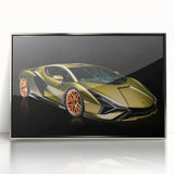 Mid-century modernist art featuring a silver sports car on a framed acrylic, with vibrant red and blue background.