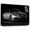 Side view of a sports car in dynamic strokes on an acrylic print, using bold red and black.