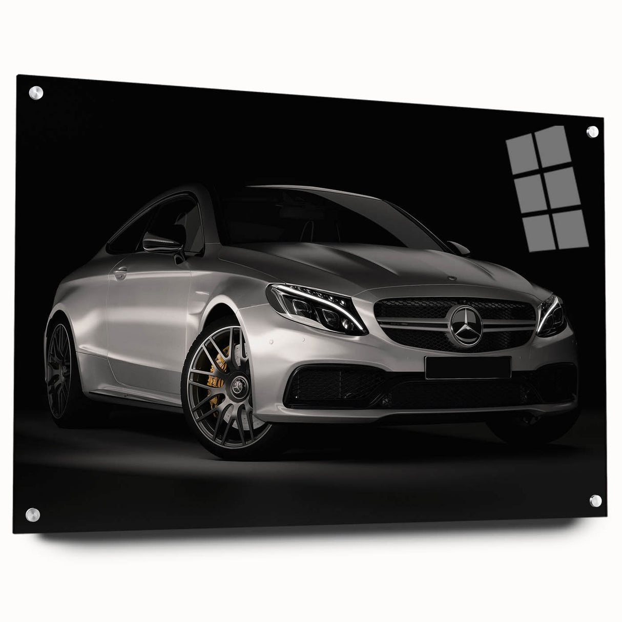 Side view of a sports car in dynamic strokes on an acrylic print, using bold red and black.