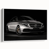 Vintage poster art of a classic car in vibrant colors on a black background, framed canvas, ideal for living room decor.