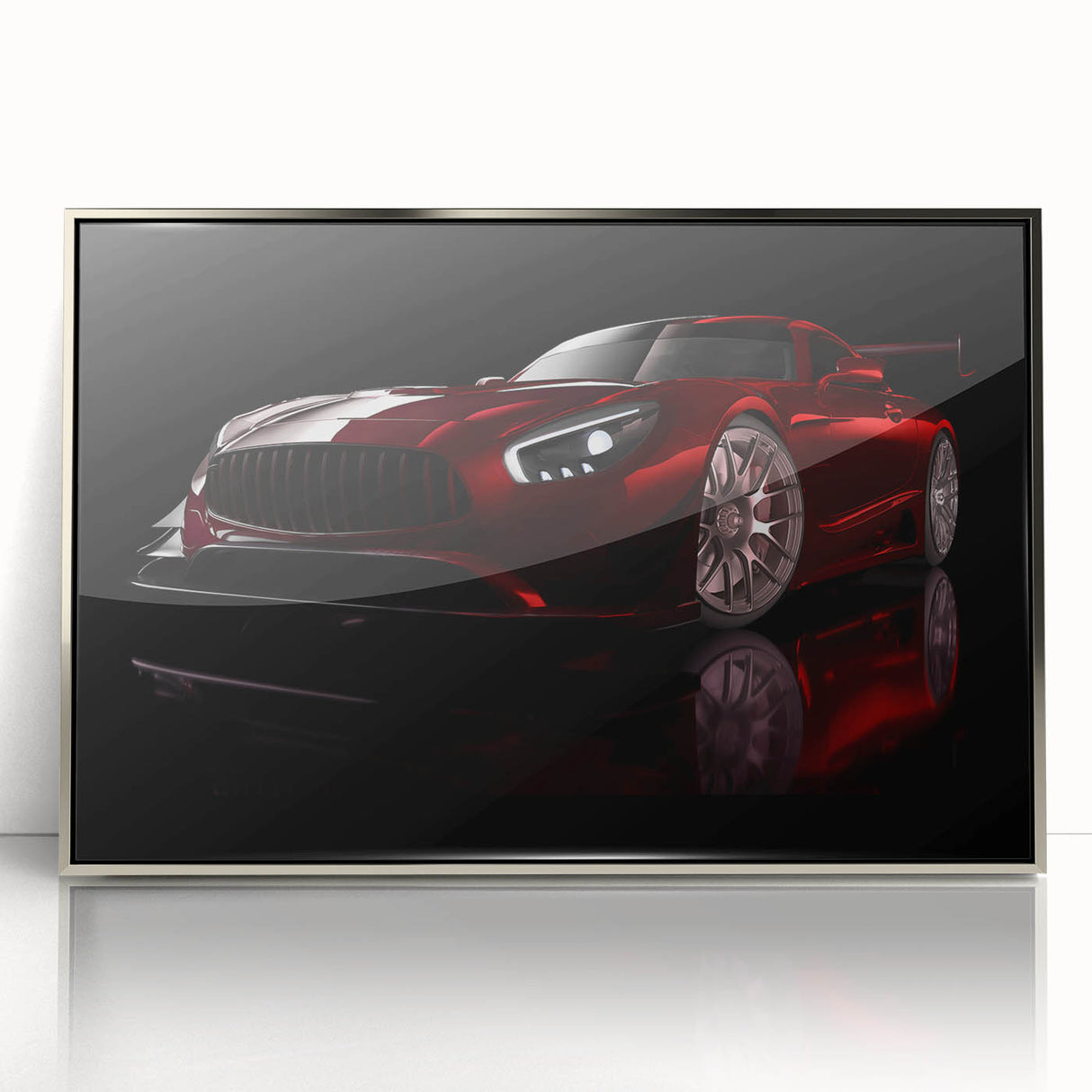 Mid-century modernist art featuring a silver sports car on acrylic print, ideal for modern art wall decor.
