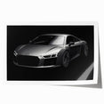 Rolled print of a sports car in vibrant red on a stark white background, suitable for art wall dining room.