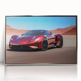 Mid-century modernist art depicting a silver sports car in bold lines on a framed acrylic, ideal for modern art wall decor.