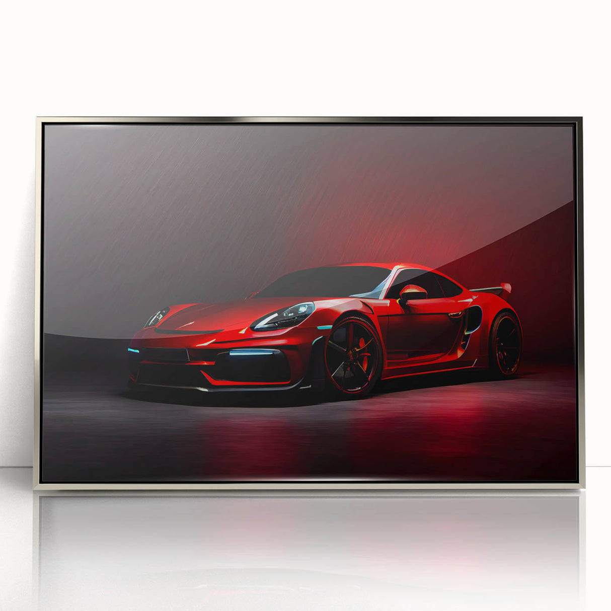 Mid-century modernist art depicting a silver sports car on acrylic print, suitable for modern art wall decor.