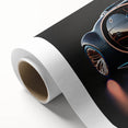 Art deco poster of a vintage car in muted gray and brown hues on rolled canvas, ideal for nursery wall art.