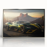 Mid-century modernist art of a silver sports car on a framed acrylic, featuring metallic and gray tones.