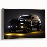 Vintage poster art of a silver sports car on black canvas, ideal for extra large wall art in a living room.