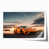 Abstract depiction of sport cars in vibrant red and black hues on a rolled canvas, suitable for art wall dining room.