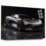 Side view of a red sports car in large acrylic print, ideal for modern bedroom or dining room decor.