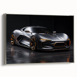 Side view of a vintage sports car in black and white on a framed canvas, suitable for a modern office setting.