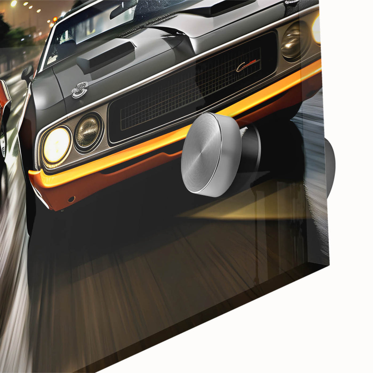 Large abstract wall art of a sports car in muted metallic tones on acrylic glass, ideal for dining room decor.