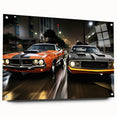 Side view of a red sports car on acrylic glass, ideal for modern bedroom or dining room decor.
