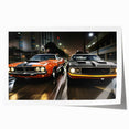 Extra large rolled print of a sports car in vibrant red and black tones, ideal for modern dining room decor.