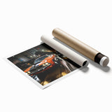 Extra large print of a sports car in vibrant red on a rolled canvas, ideal for modern bathroom decor.