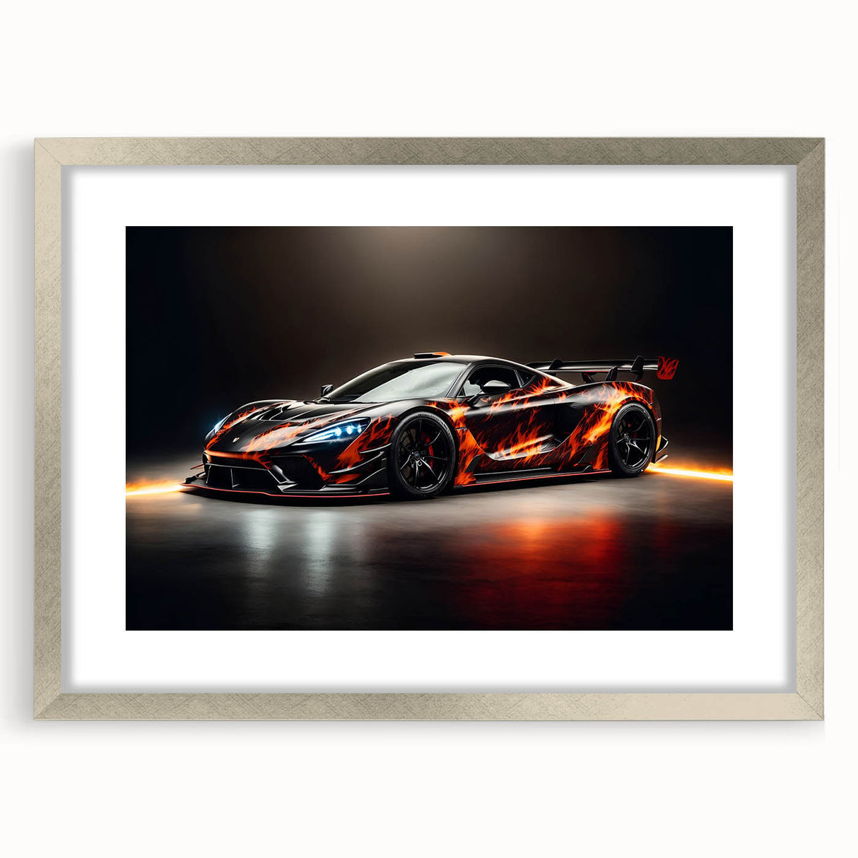 Abstract art print of a silver sports car in textured style on a framed poster, ideal for modern bedroom ambiance.