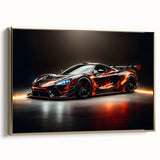 Gold-framed canvas featuring a side view of a vintage sports car in black, ideal for bedroom wall art.