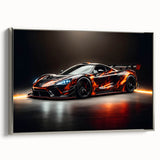 Side view of a vintage sports car in black and silver on a framed canvas, ideal for modern office decor.
