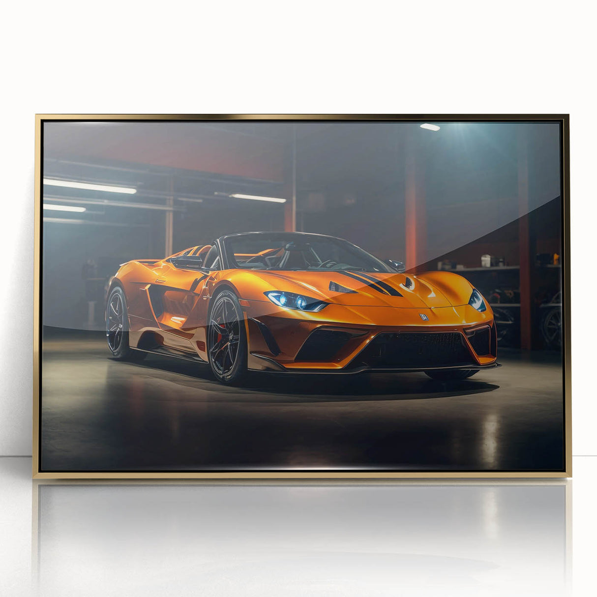 Acrylic print of a gold-toned sports car, ideal for modern art wall decor in a nursery or living space.