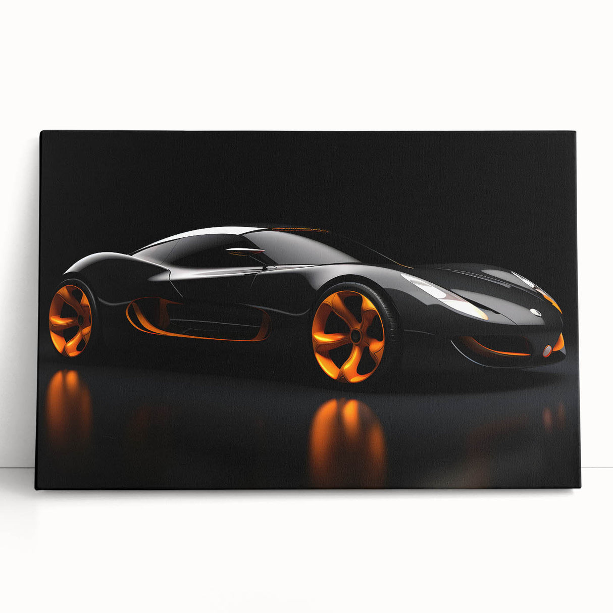 Black and white photo of a sports car on stretched canvas, ideal for kitchen wall art or bedroom decor.