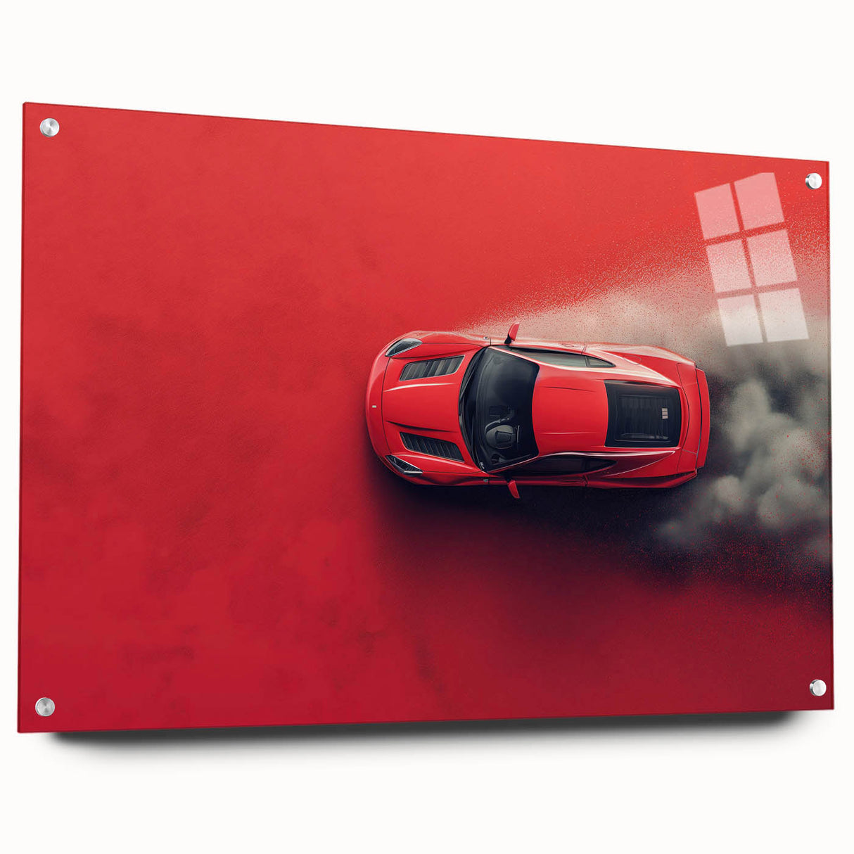 Acrylic print of a side view of a sports car in vibrant red, ideal for modern bedroom or dining room decor.